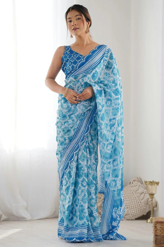 Sky Blue Chinon Printed Saree NCSD11111547