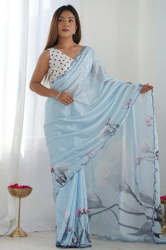 Sky Blue Chinon Printed Saree NCSD11111554