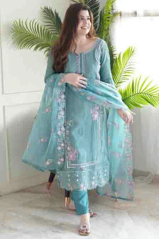 Sky Blue Chinon Stitched Pakistani Suit NCSS11410297
