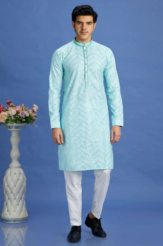 Sky Blue Cotton Pintex Kurta Pajama NCKP12310216