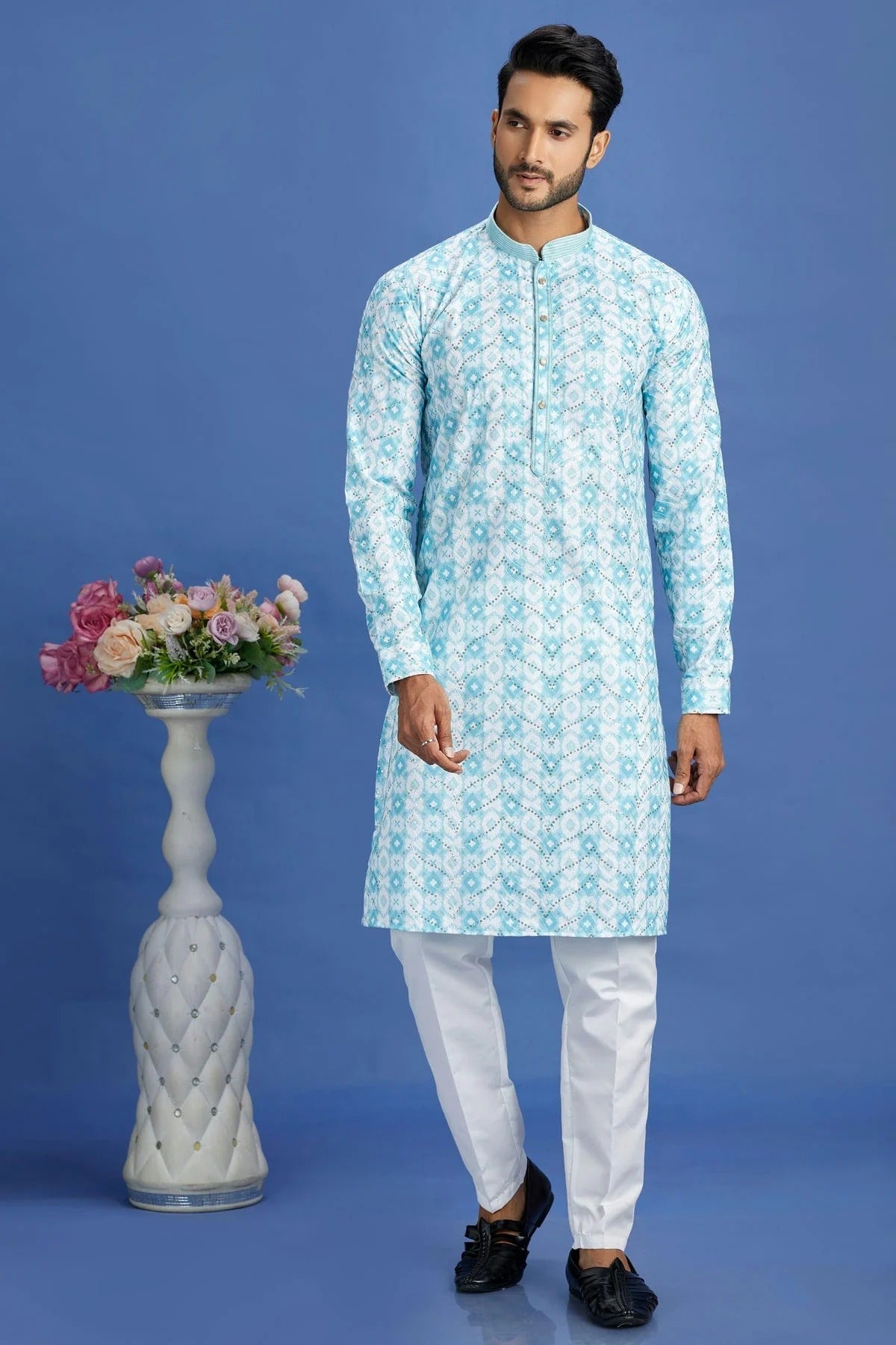 Sky Blue Cotton Pintex Kurta Pajama NCKP12310224