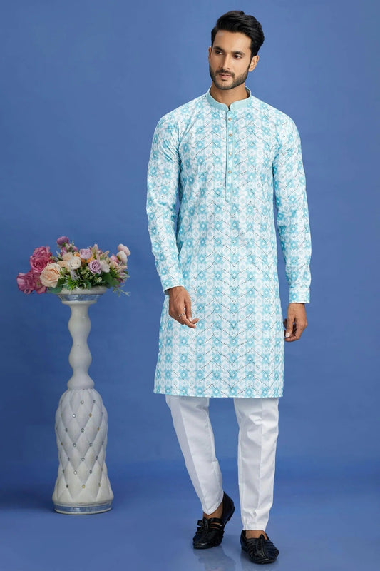 Sky Blue Cotton Pintex Kurta Pajama NCKP12310224