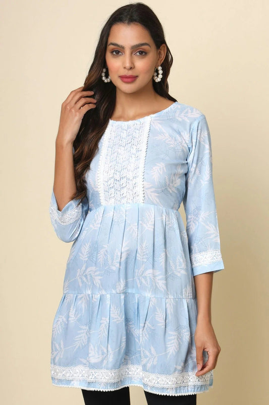 Sky Blue Cotton Printed,Lace Readymade Top  NCTP11112290