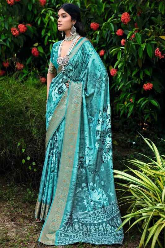 Sky Blue Cotton Silk Digital Floral Printed Saree NCSD11110239