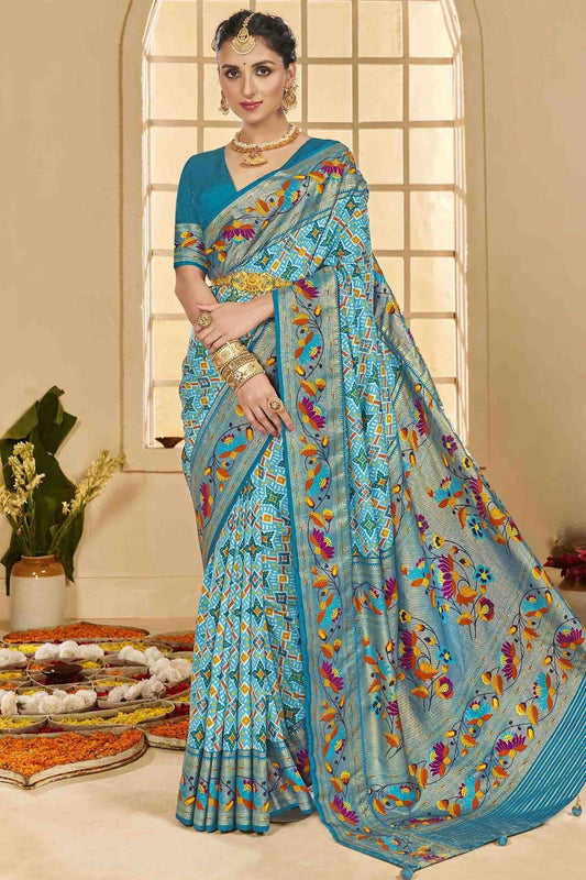 Sky Blue Cotton Silk Ikkat Printed Traditional Saree NCSD11110411