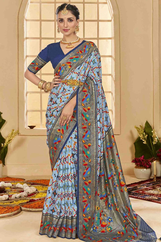 Sky Blue Cotton Silk Ikkat Printed Traditional Saree NCSD11110413