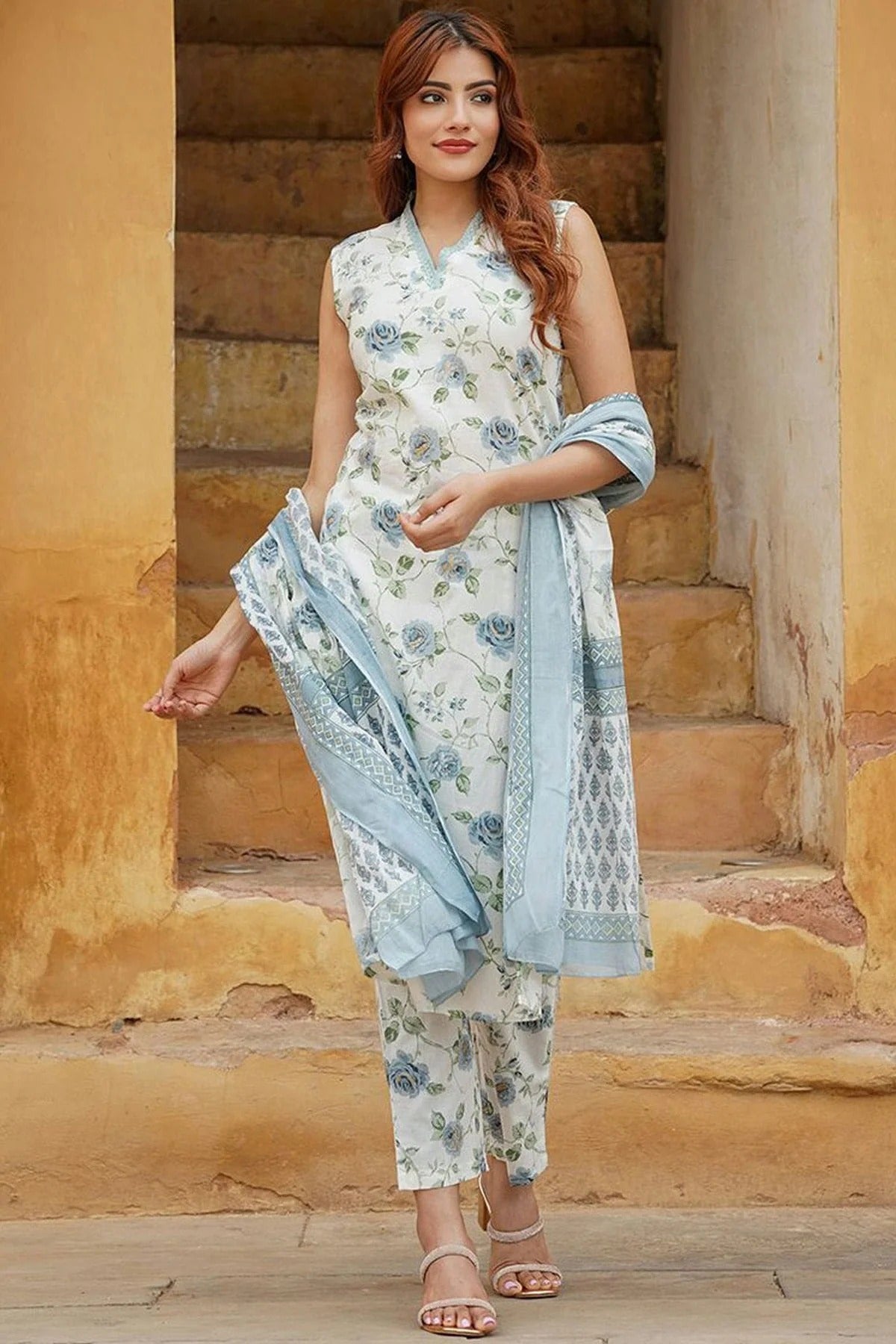 Sky Blue Cotton Slub Stitched Suit NCSS11111436