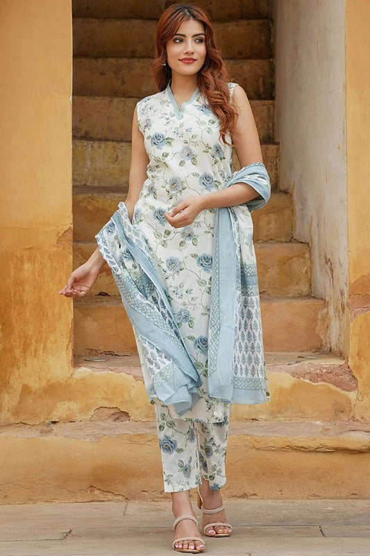 Sky Blue Cotton Slub Stitched Suit NCSS11111436