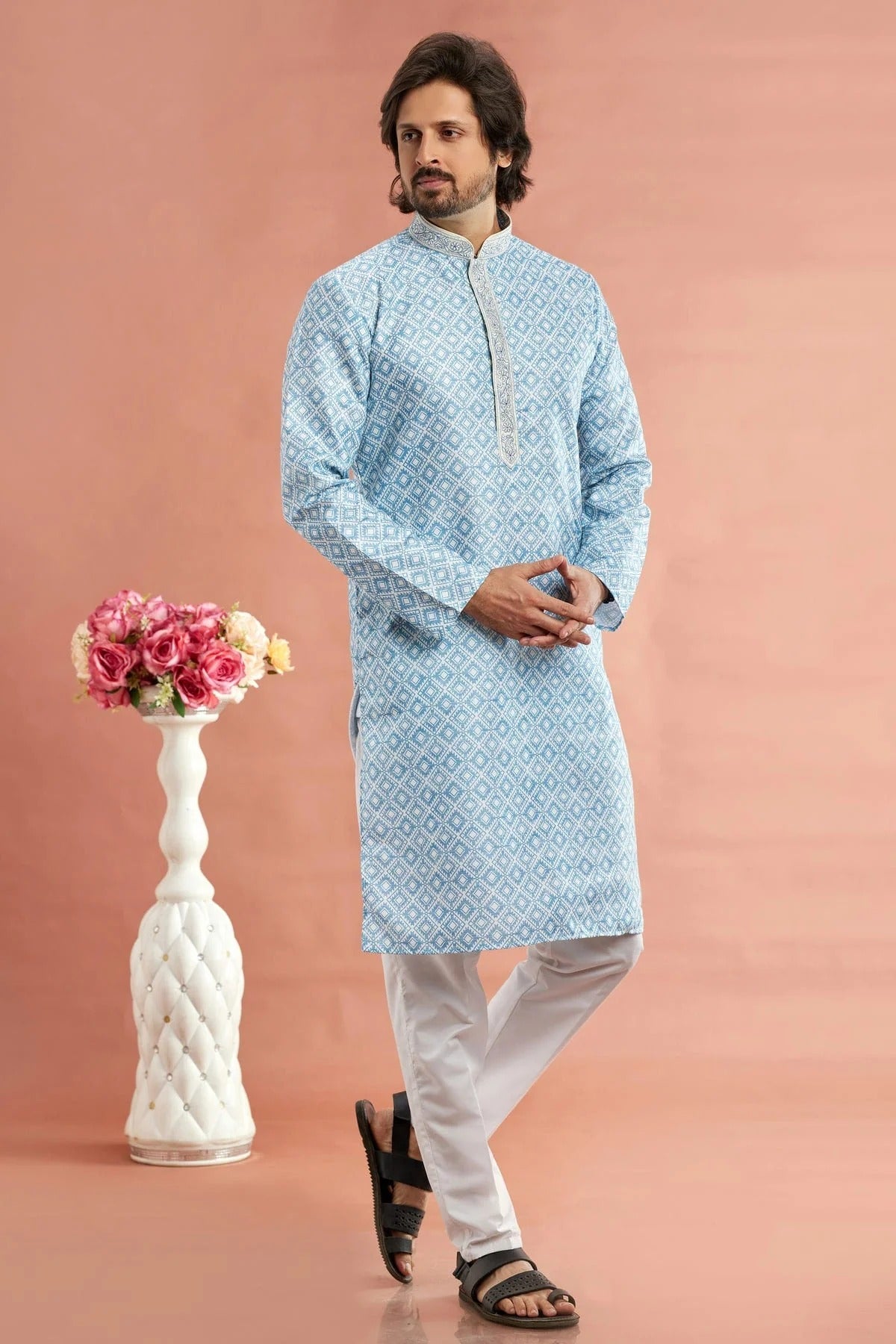 Sky Blue Cotton Thread Kurta Pajama NCKP12310206