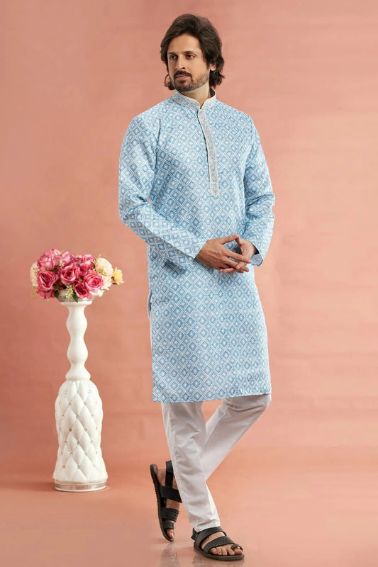 Sky Blue Cotton Thread Kurta Pajama NCKP12310206
