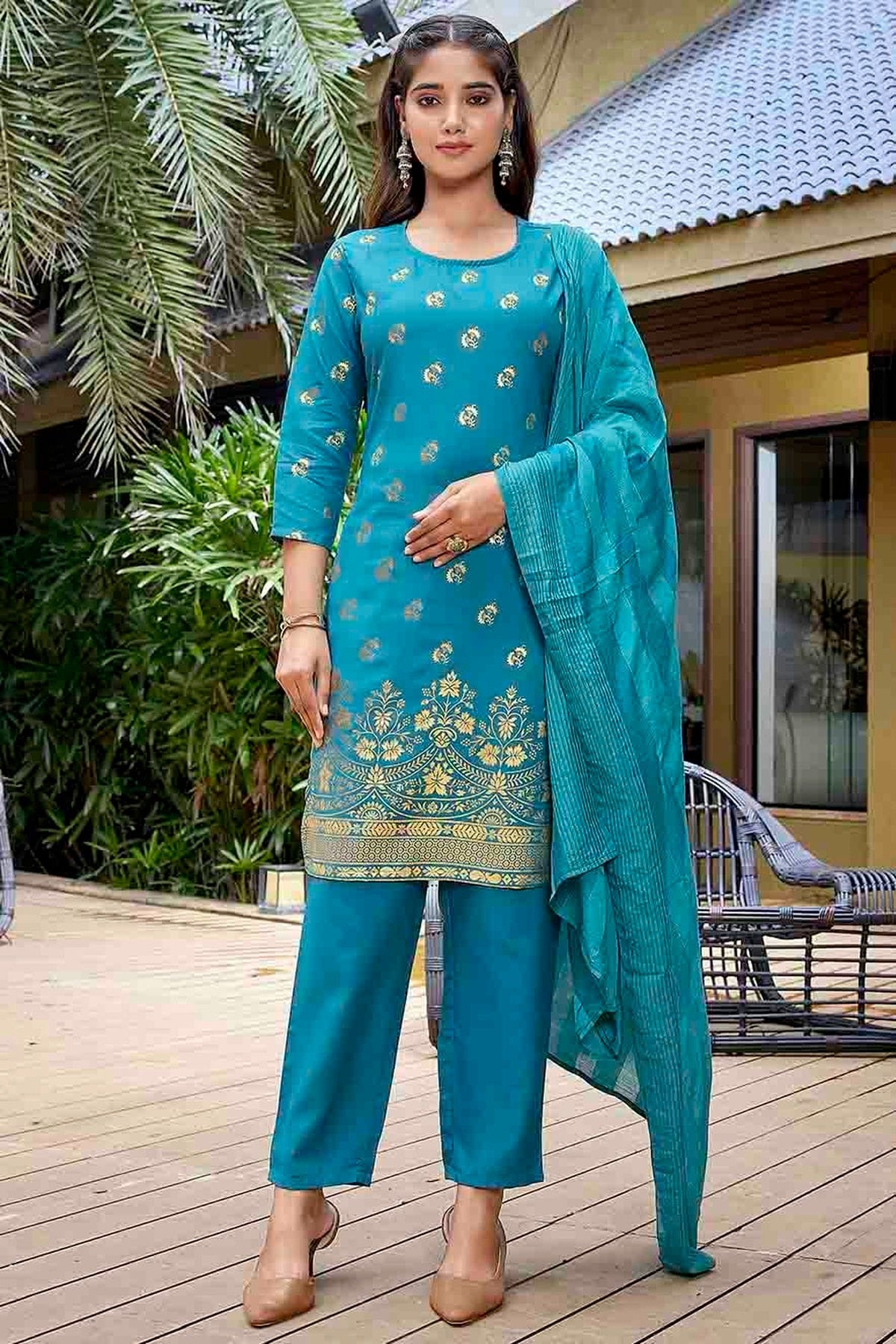 Sky Blue Crepe Foil Printed Pant Style Suit NCSS11110338