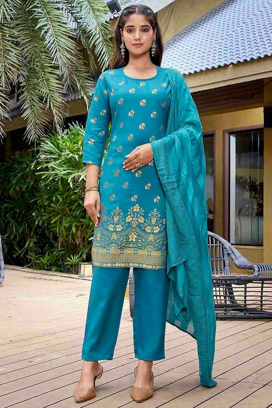 Sky Blue Crepe Foil Printed Pant Style Suit NCSS11110338