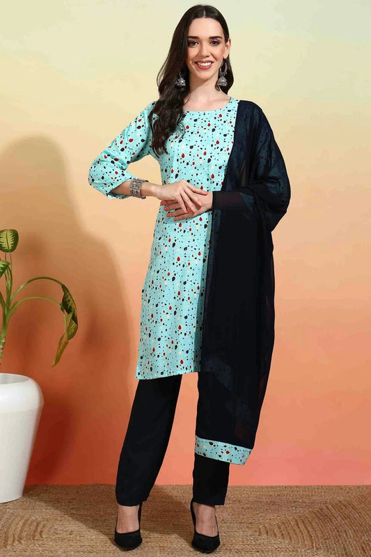 Sky Blue Crepe Printed Pant Style Suit NCSS11110368