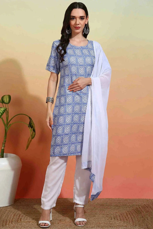 Sky Blue Crepe Printed Pant Style Suit NCSS11110371