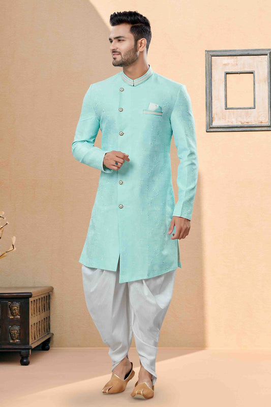 Sky Blue Dhoti SherwaniIn Banarasi Jacquard NCSH10410494