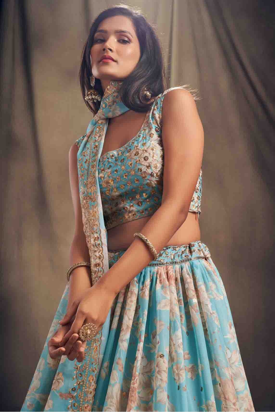 Sky Blue Digital Printed Organza Lehenga Choli NCLC10110348
