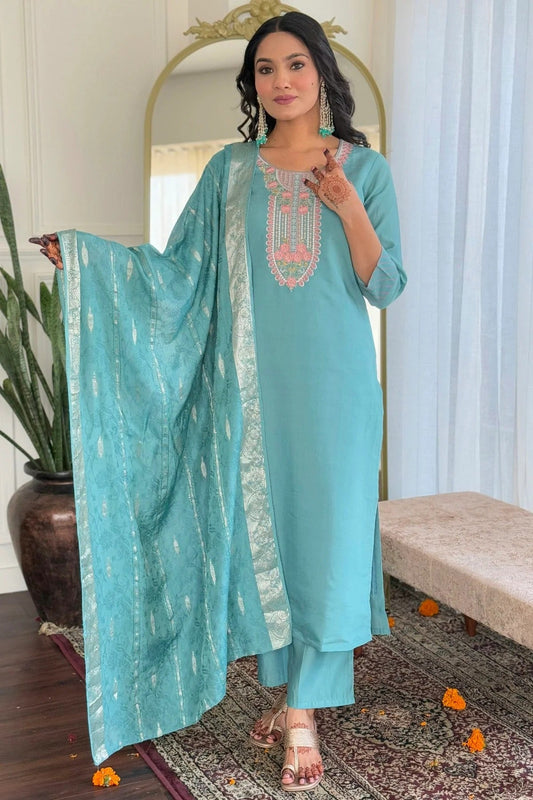 Sky Blue Embroidery Chanderi Stitched Suit NCSS11111307