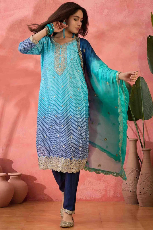 Sky Blue Embroidery Chinon Silk Pant Style Suit NCSS11110495