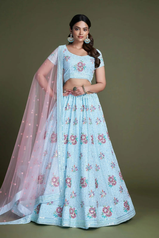 Sky Blue Embroidery Georgette Lehenga Choli NCLD10810221