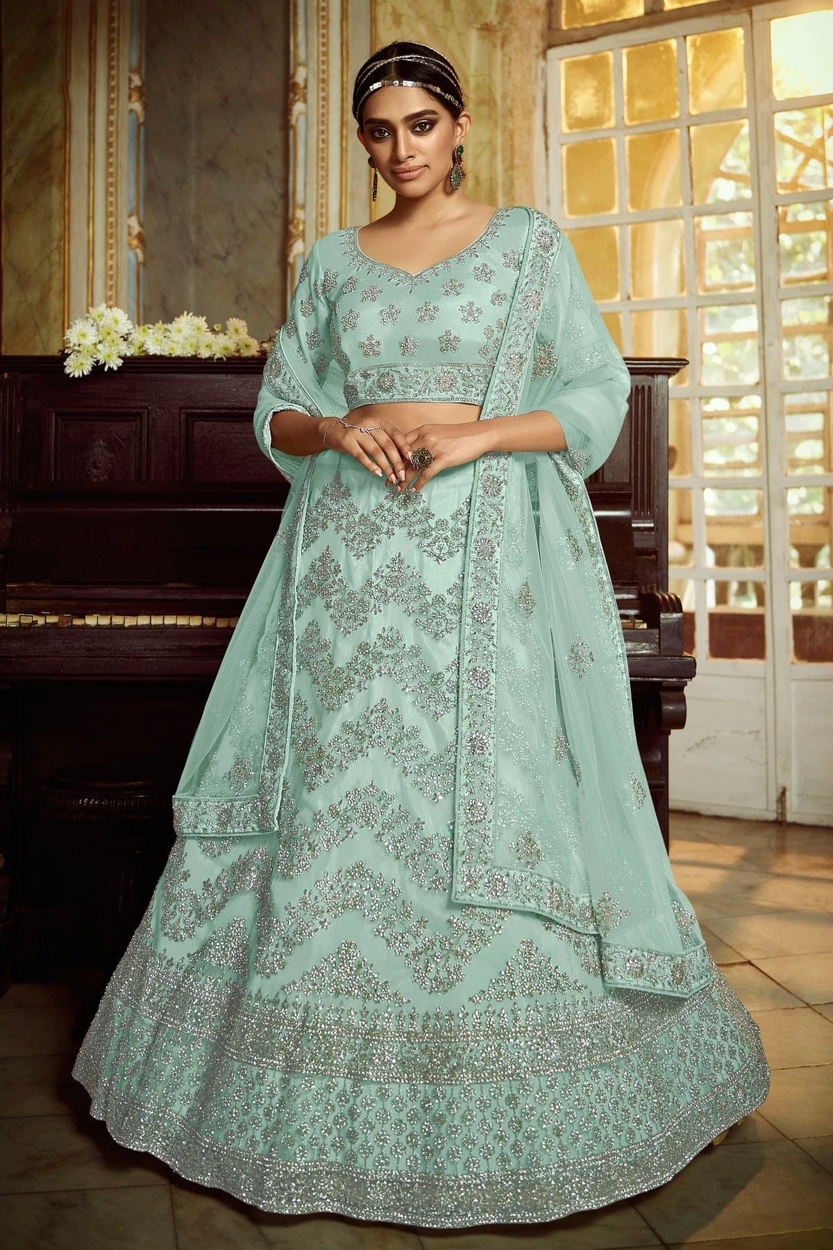 Sky Blue Embroidery Soft Net Lehenga Choli NCLD10810208
