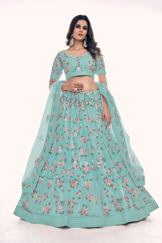 Sky Blue Embroidery Soft Net Lehenga Choli NCLD10810286
