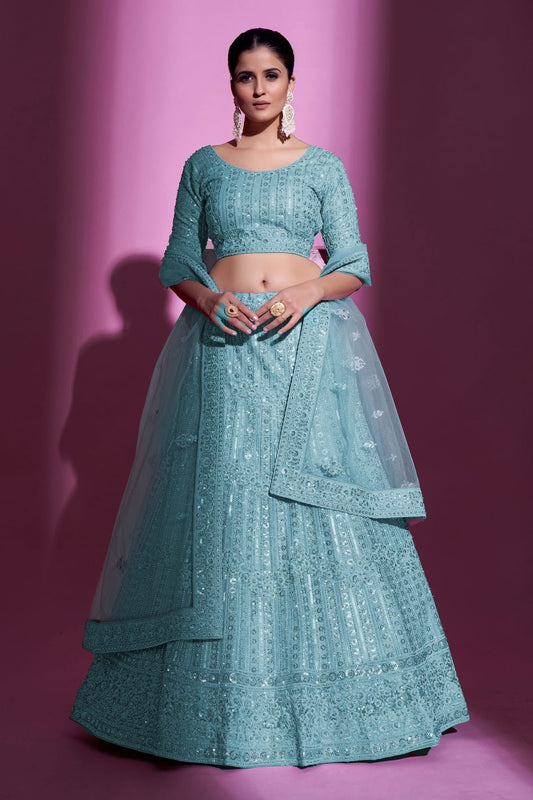 Sky Blue Embroidery Soft Net Lehenga Choli NCLD10810324