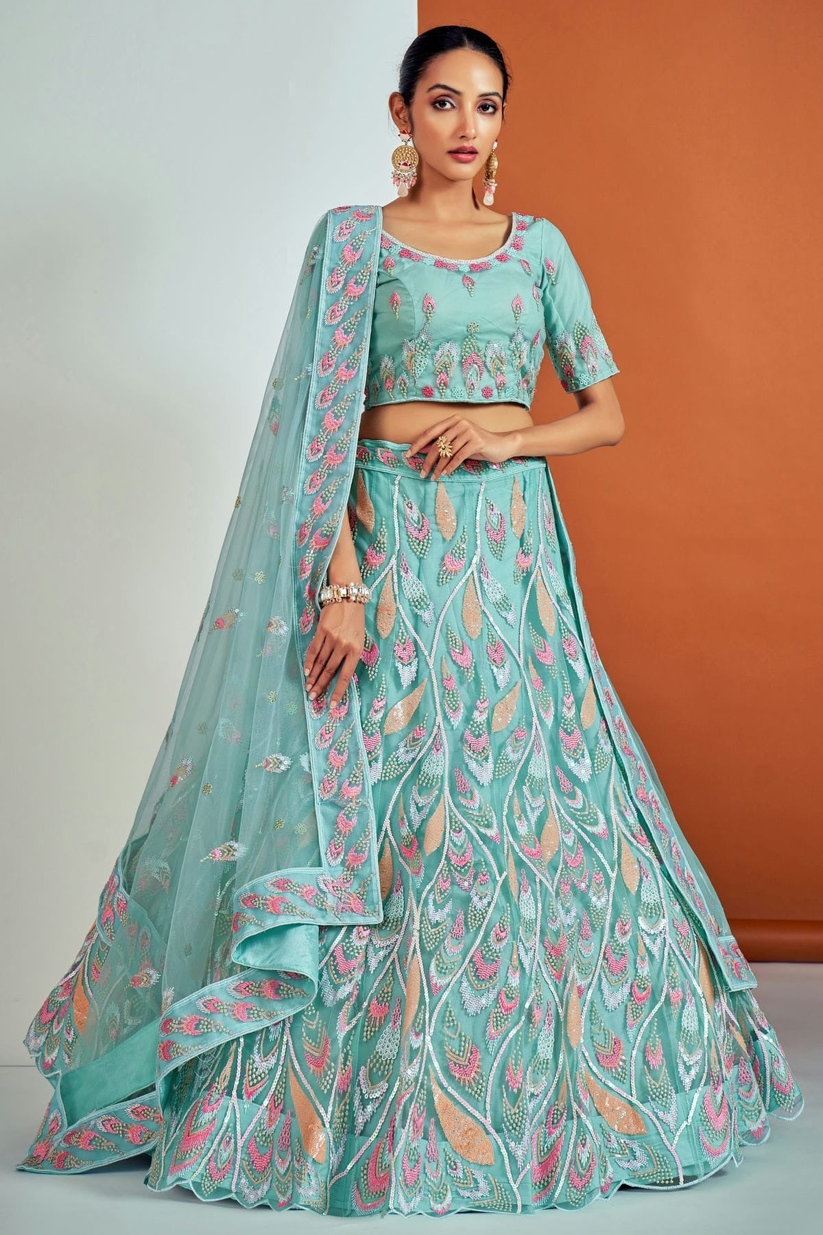 Sky Blue Embroidery Soft Net Lehenga Choli NCLD10810353