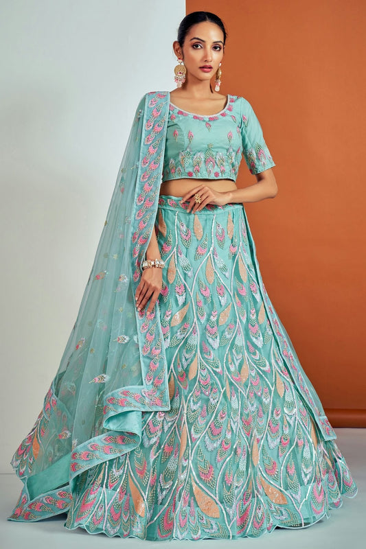 Sky Blue Embroidery Soft Net Lehenga Choli NCLD10810353