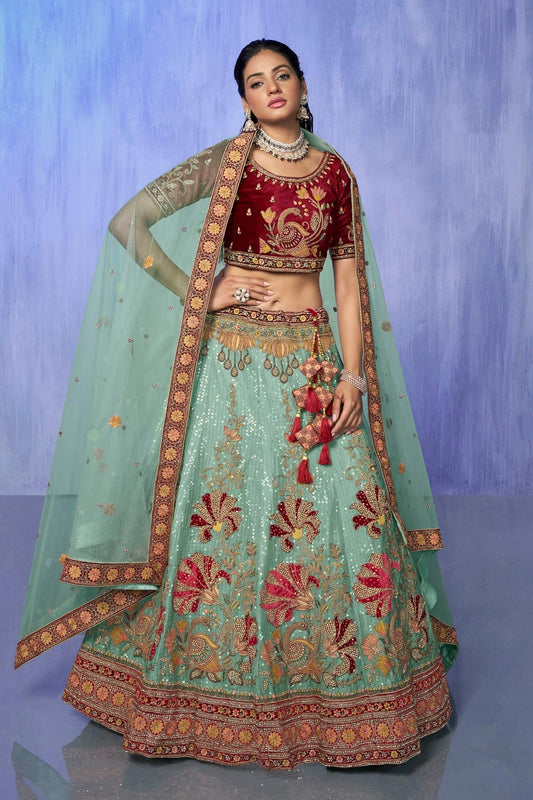 Sky Blue Embroidery Velvet Lehenga Choli NCLD10810304