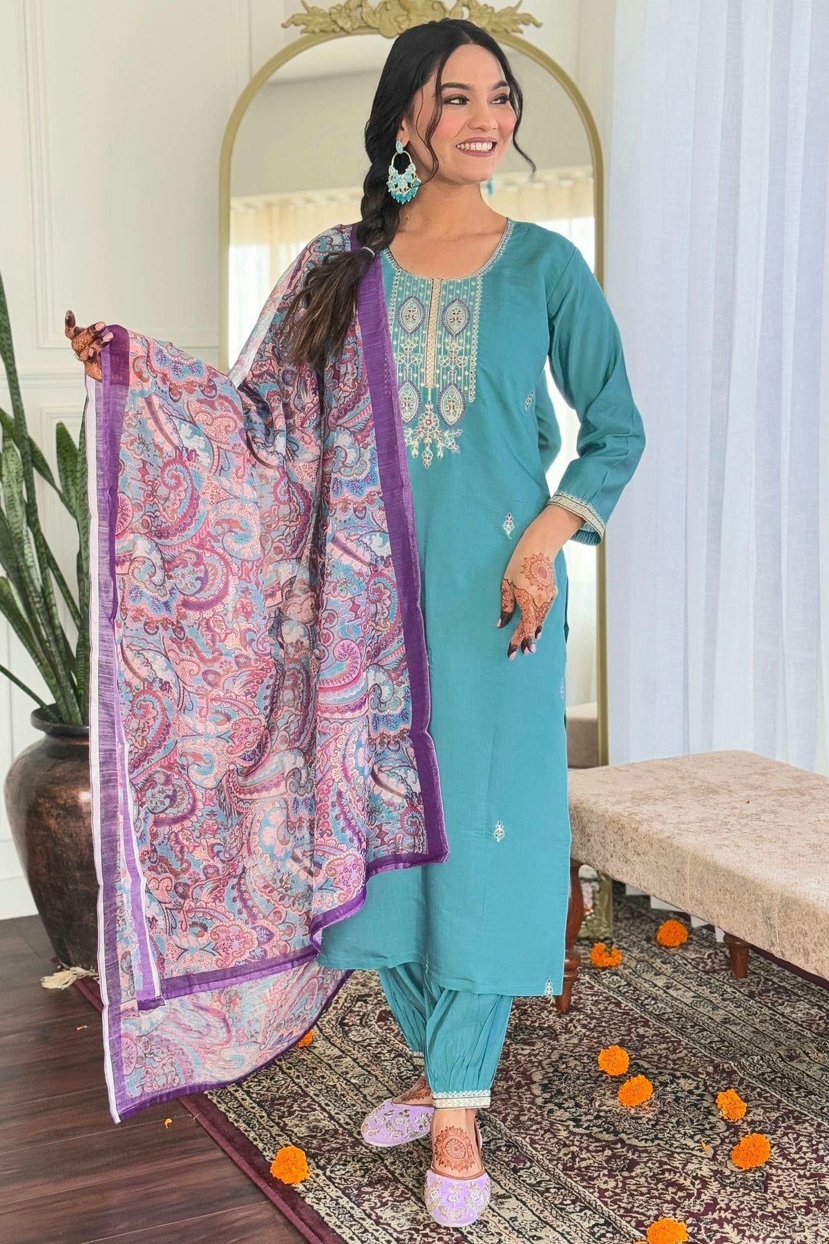 Sky Blue Embroidery Viscose Chanderi Stitched Suit NCSS11111293