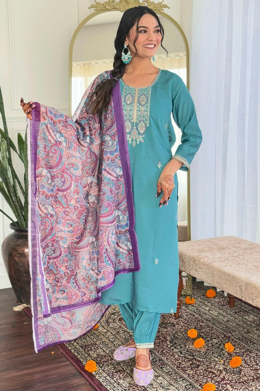 Sky Blue Embroidery Viscose Chanderi Stitched Suit NCSS11111293