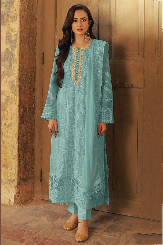 Sky Blue Faux Georgette Semi Stitched Pakistani Suit NCSM11410438