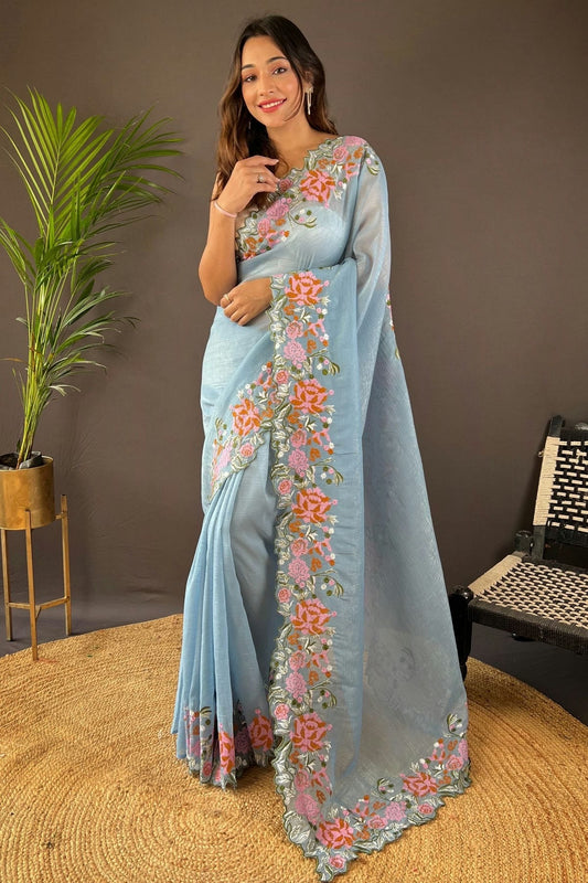 Sky Blue Glossy Silk Designer Saree NCSD11111671