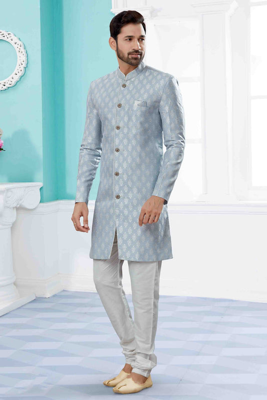 Sky Blue Indo Western In Banarasi Jacquard NCSH10410543