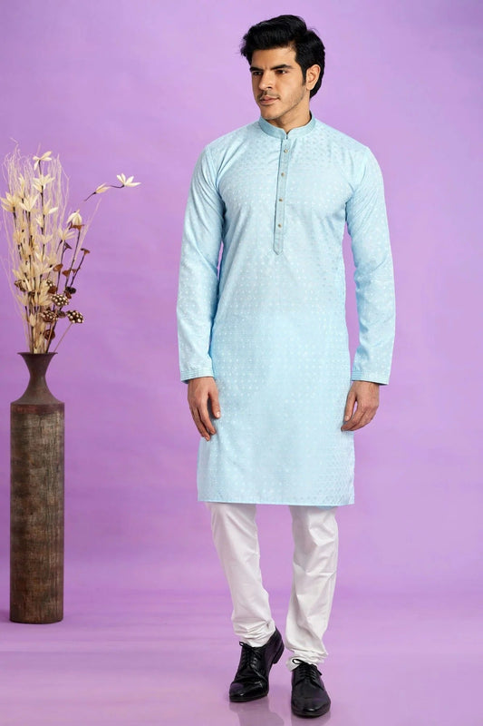 Sky Blue Jacquard Art Silk Pintex Kurta Pajama NCKP12310175