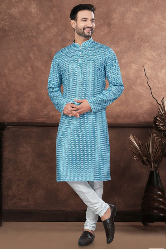 Sky Blue Jacquard Kurta Pajama NCKP10410122