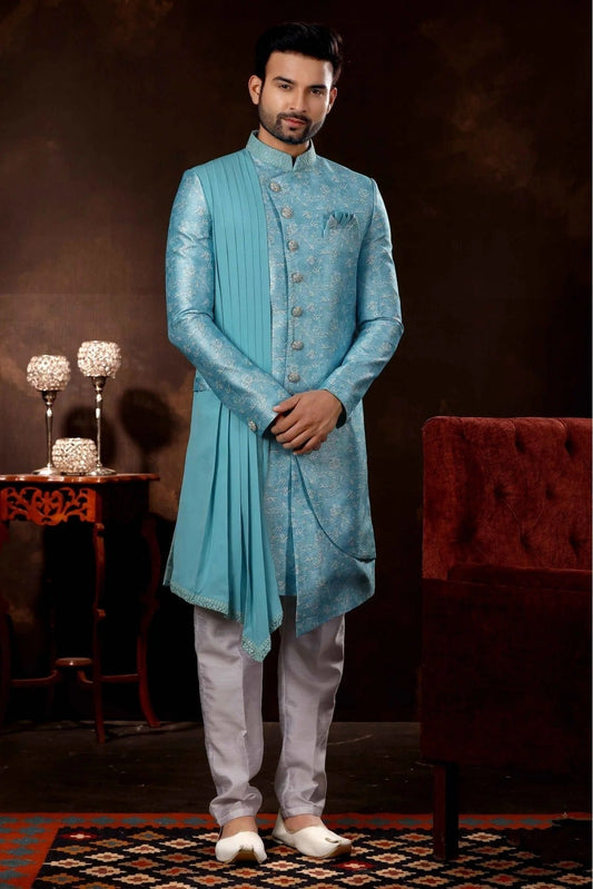 Sky Blue Jacquard Sherwani NCSH10410470