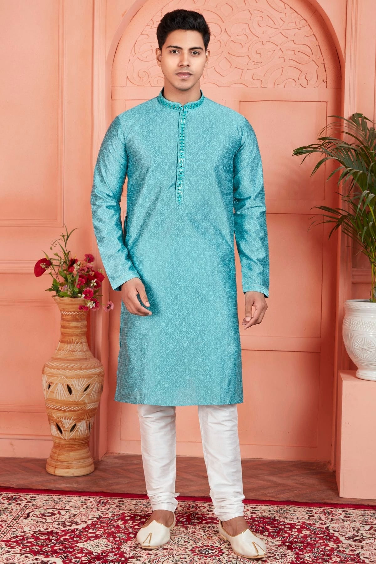 Sky Blue Jacquard Silk Brocade Kurta Pajama NCKP12310143
