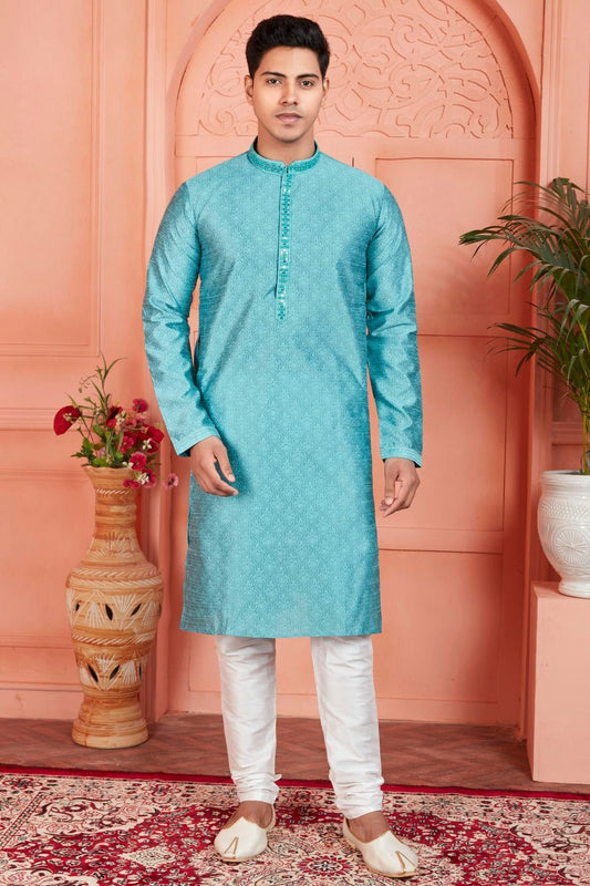 Sky Blue Jacquard Silk Brocade Kurta Pajama NCKP12310143