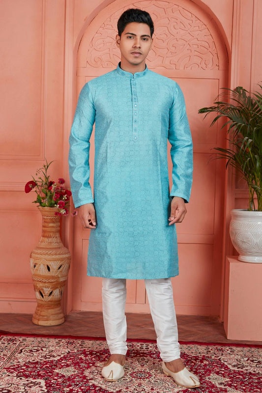Sky Blue Jacquard Silk Brocade Kurta Pajama NCKP12310145
