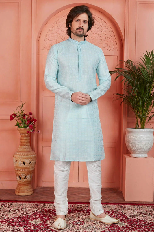 Sky Blue Jacquard Silk Brocade Kurta Pajama NCKP12310148