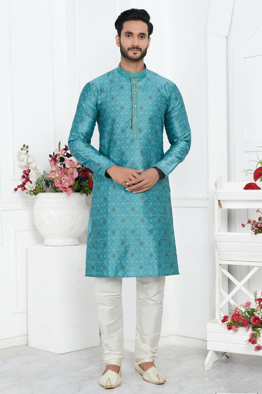 Sky Blue Jacquard Silk Brocade Kurta Pajama NCKP12310150