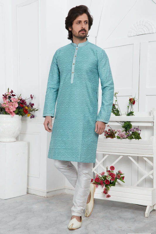 Sky Blue Jacquard Silk Brocade Kurta Pajama NCKP12310165