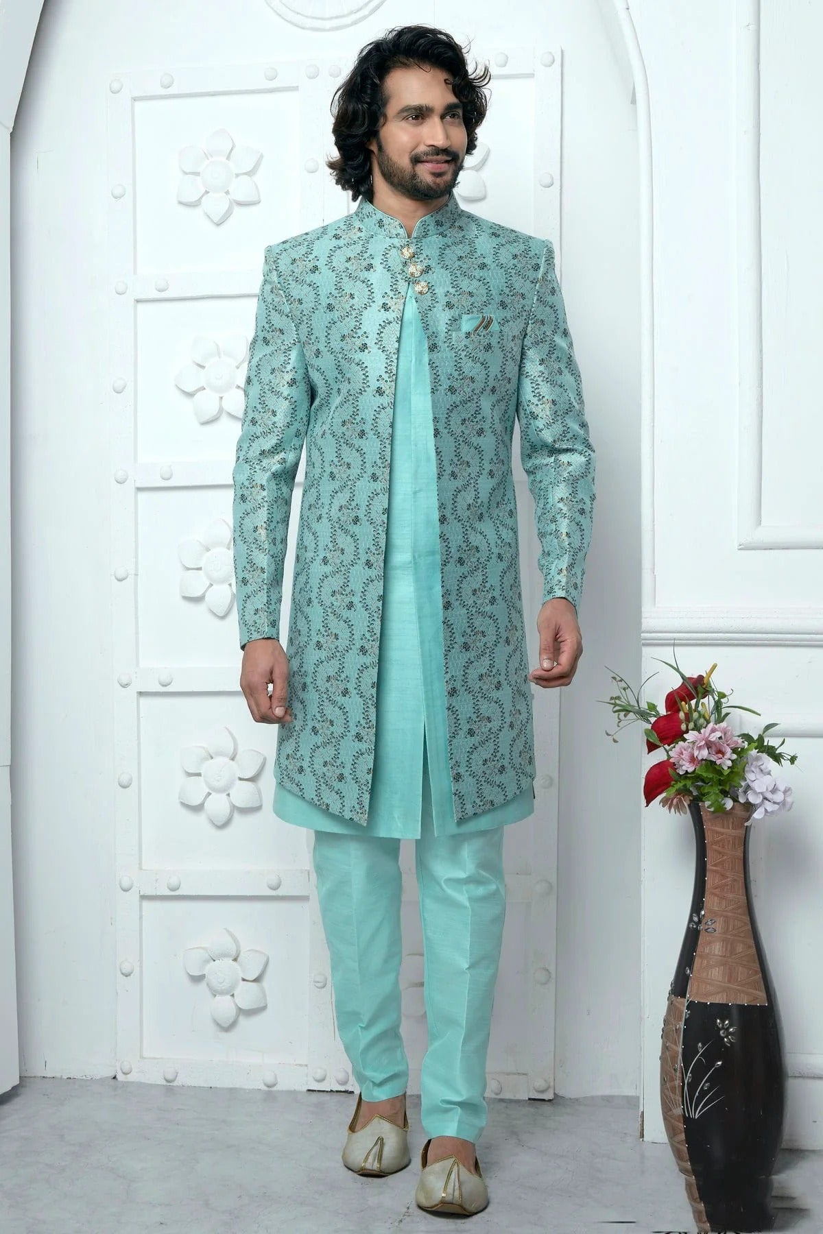 Sky Blue Jacquard Silk Indowestern Sherwan With Aligadhi Pant  NCSH12310339
