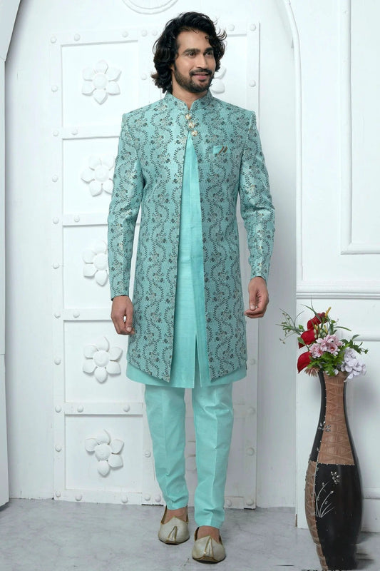 Sky Blue Jacquard Silk Indowestern Sherwan With Aligadhi Pant  NCSH12310339