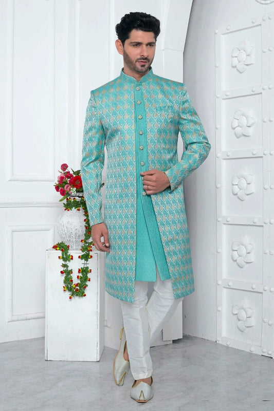Sky Blue Jacquard Silk Indowestern Sherwan With Aligadhi Pant  NCSH12310345