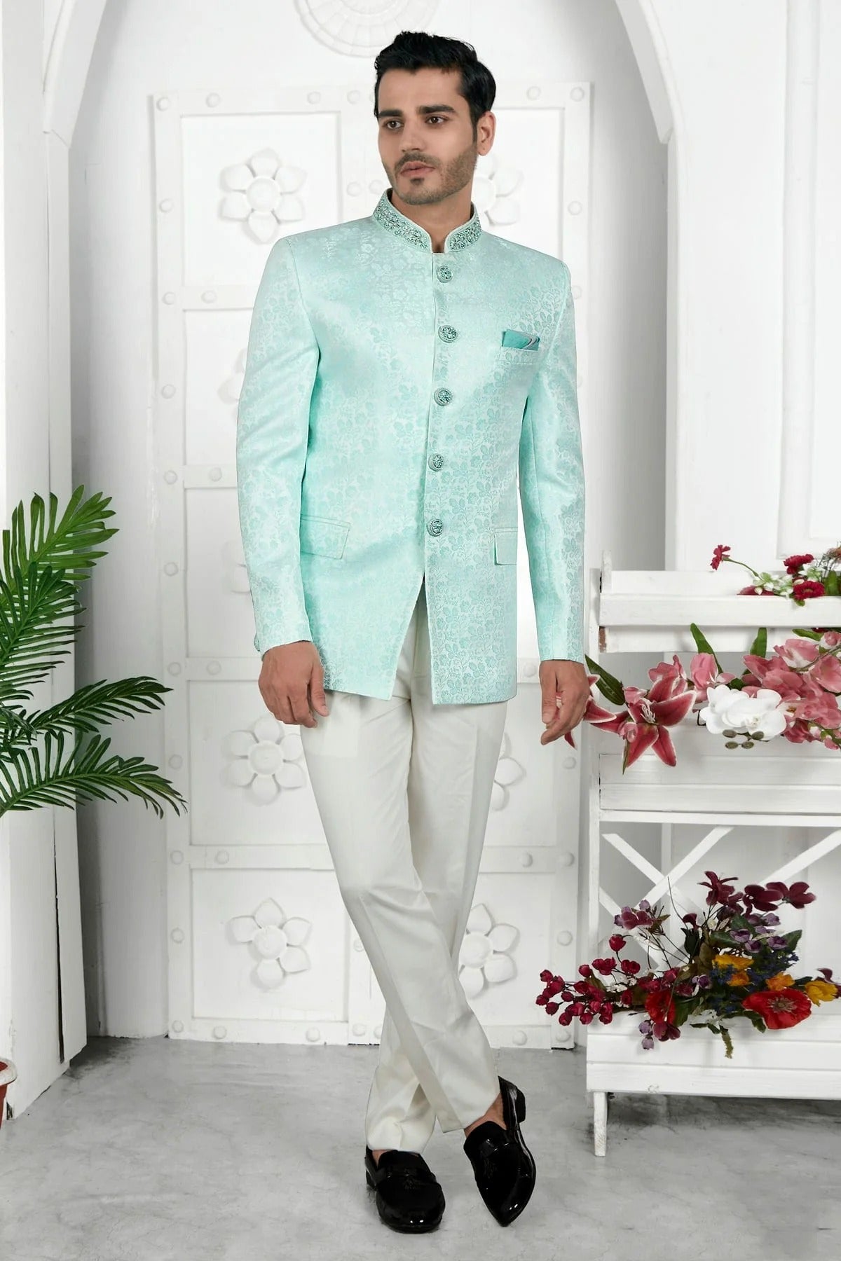 Sky Blue Jacquard Silk Jodhpuri Jacket  NCJP12310269