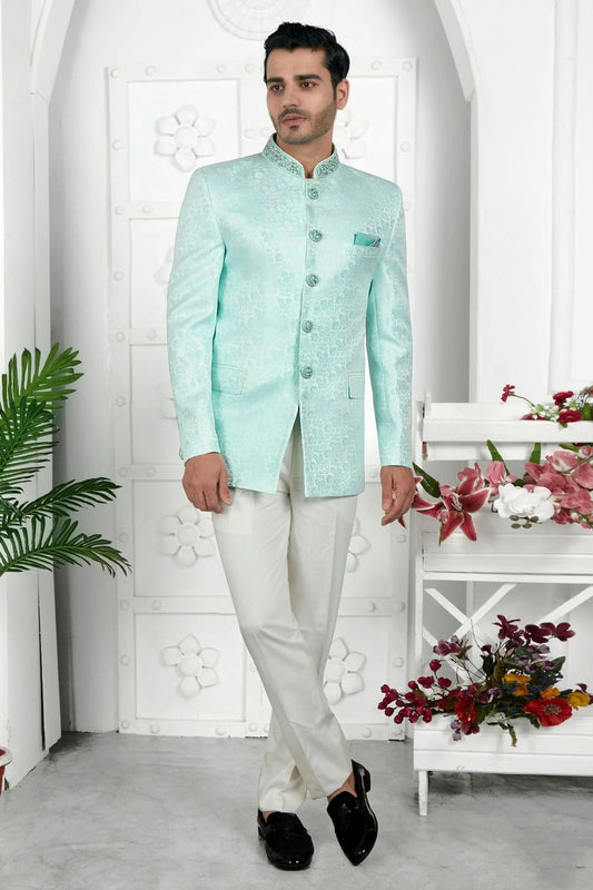 Sky Blue Jacquard Silk Jodhpuri Jacket  NCJP12310269