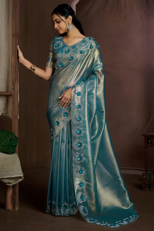 Sky Blue Jute Coting Silk Designer Saree NCSD11210196