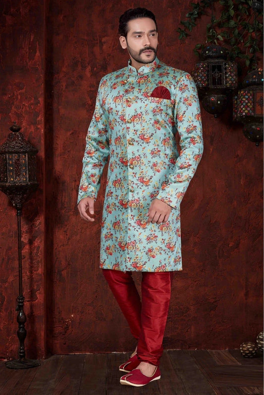 Sky Blue Kurta Pajama In Jacquard Silk NCKP10410580
